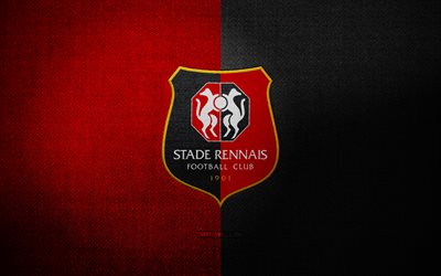 شارة رينايس, 4k, خلفية النسيج الأسود الأحمر, دوري 1, شعار رينايس, شعار الرياضة, نادي كرة القدم الفرنسي, الاستاد رينايس, كرة القدم, stade rennais fc
