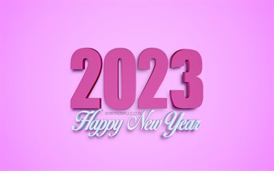 2023 Happy New Year, 4k, 2023 purple 3d background, purple 3d letters, 2023 concepts, Happy New Year 2023, purple 2023 background, 2023 greeting card, 2023 3d art