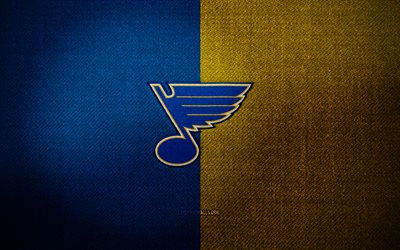 St Louis Blues badge, 4k, blue yellow fabric background, NHL, St Louis Blues logo, St Louis Blues emblem, hockey, sports logo, St Louis Blues flag, american hockey team, St Louis Blues