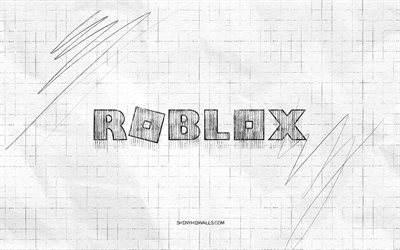 roblox sketch logo, 4k, fond de papier à carreaux, logo noir roblox, marques de jeux, croquis de logo, logo roblox, dessin au crayon, roblox