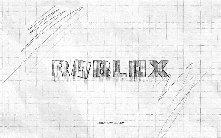 roblox 스케치 로고, 4k, 체크 무늬 종이 배경, roblox 블랙 로고, 게임 브랜드, 로고 스케치, roblox 로고, 연필 드로잉, 로 블록 스