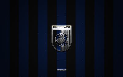 شعار queretaro fc, نادي كرة القدم المكسيكي, ليغا mx, خلفية الكربون الأسود الأزرق, queretaro fc emblem, كرة القدم, queretaro fc, المكسيك, queretaro fc silver metal logo