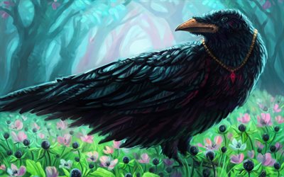 crow noir, œuvres d art 4k, faune, corbeau dans la forêt, forêt de fées, oiseaux noirs, corbeau, corvus, art corbeau, dessin animé corbeau
