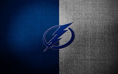 Tampa Bay Lightning badge, 4k, blue white fabric background, NHL, Tampa Bay Lightning logo, Tampa Bay Lightning emblem, hockey, sports logo, Tampa Bay Lightning flag, canadian hockey team, Tampa Bay Lightning
