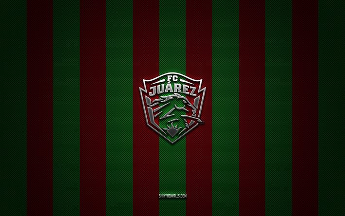 fc juarez logo, meksika futbol kulübü, liga mx, kırmızı yeşil karbon arka plan, fc juarez amblemi, futbol, ​​fc juarez, meksika, fc juarez gümüş metal logosu