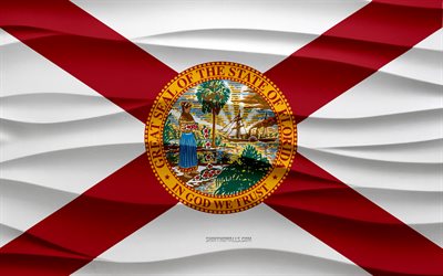 4k, Flag of Florida, 3d waves plaster background, Florida flag, 3d waves texture, American national symbols, Day of Florida, American states, 3d Florida flag, Florida, USA