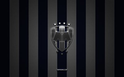 logo cf monterrey, messican football club, liga mx, blue white carbon background, cf monterrey emblem, football, cf monterrey, messico, cf monterrey silver metal logo