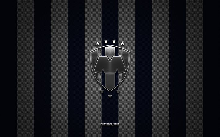 cf monterrey logo, mexikanischer fußballverein, liga mx, blue white carbon hintergrund, cf monterrey emblem, fußball, cf monterrey, mexiko, cf monterrey silber metal logo
