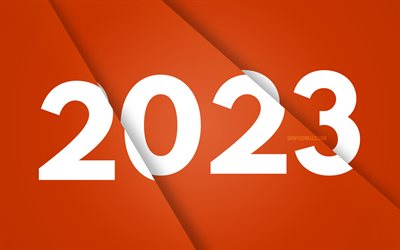 4k, 2023 frohes neues jahr, orange paper slice hintergrund, 2023 konzepte, orangefarbenes material design, frohes neues jahr 2023, 3d -kunst, kreativ, 2023 orange hintergrund, 2023 jahr, 2023 3d -ziffern