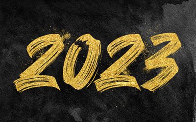 4k, 2023 feliz año nuevo, dígitos dorados de brillo, fondo de piedra negra, 2023 conceptos, 2023 dígitos 3d, feliz año nuevo 2023, creativo, 2023 fondo negro, 2023 año
