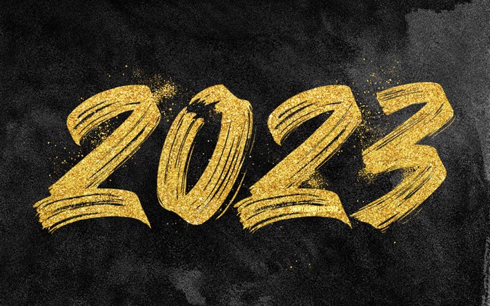 4k, 2023 feliz ano novo, dígitos golden glitter, black stone background, 2023 concepts, 2023 3d digits, feliz ano novo 2023, creative, 2023 black background, 2023 year