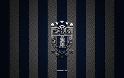 cf pachuca logo, mexican football club, liga mx, blue white carbon background, cf pachuca emblem, football, cf pachuca, mexique, cf pachuca silver metal logo