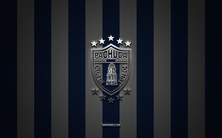 cf pachuca logo, mexican football club, liga mx, blue white carbon background, cf pachuca emblem, football, cf pachuca, mexique, cf pachuca silver metal logo