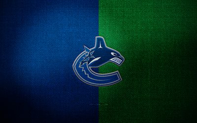 Vancouver Canucks badge, 4k, blue green fabric background, NHL, Vancouver Canucks logo, Vancouver Canucks emblem, hockey, sports logo, Vancouver Canucks flag, canadian hockey team, Vancouver Canucks