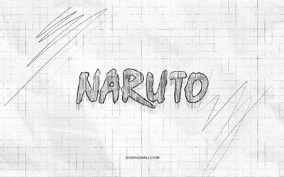 naruto sketch logo, 4k, kariertes papierhintergrund, naruto black logo, manga, logo -skizzen, naruto -logo, bleistiftzeichnung, naruto
