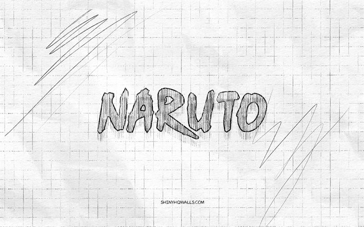 naruto sketch logo, 4k, dossier en papier à carreaux, logo noir naruto, manga, croquis de logo, logo naruto, dessin au crayon, naruto