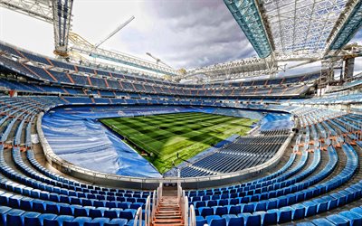Santiago Bernabeu Stadium, 4k, inside view, football field, Real Madrid Stadium, grandstand, La Liga, Spain, football, Spanish football stadium, Santiago Bernabeu, Real Madrid