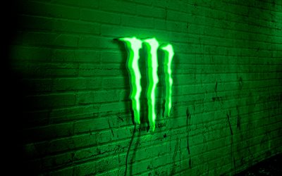 monster energy neon logo, 4k, green brickwall, grunge art, creative, logo on wire, monster energy green logo, monster energy logo, oeuvre, monster energy