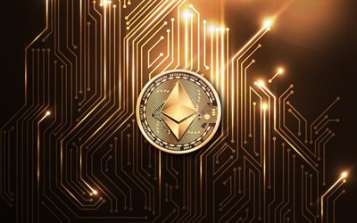Ethereum gold coin, 4k, cryptocurrency, Ethereum sign, Ethereum emblem, Ethereum logo, gold coins, Ethereum, cryptocurrency background, Ethereum sign on gold coin