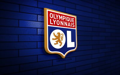 Olympique Lyonnais 3D logo, 4K, blue brickwall, Ligue 1, soccer, french football club, Olympique Lyonnais logo, Olympique Lyonnais emblem, football, Olympique Lyonnais, OL, sports logo, Lyon FC