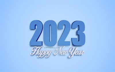 2023 Happy New Year, 4k, 2023 blue 3d background, blue 3d letters, 2023 concepts, Happy New Year 2023, blue 2023 background, 2023 greeting card, blue 2023 3d art