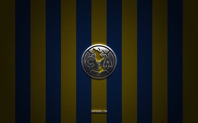 club america logo, messican football club, liga mx, yellow blue carbon background, club america emblem, football, club america, mexico, club america silver metal logo