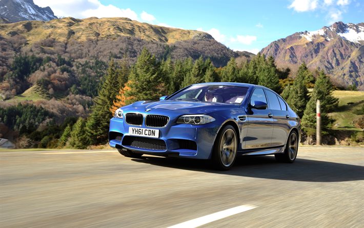 BMW M5, 4k, highway, 2012 cars, F10, UK-spec, BMW M5 F10, Blue BMW M5, 2012 BMW M5, german cars, BMW F10, BMW
