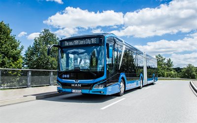 man lions city 18 e, 4k, route, 2022 bus, bus bleu, homme e-bus, transport de passagers, 2022 man lions city, bus électriques, bus de passagers, homme