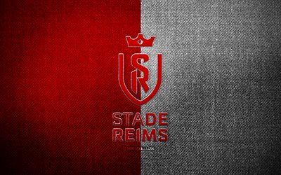 Stade de Reims badge, 4k, red white fabric background, Ligue 1, Stade de Reims logo, Stade de Reims emblem, sports logo, french football club, Stade de Reims, soccer, football, Reims FC