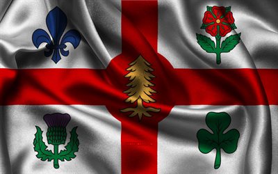 montreal flag, 4k, città canadesi, bandiere di raso, giorno di montreal, bandiera di montreal, bandiere di raso ondulato, città del canada, montreal, canada