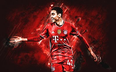 Jamal Musiala, FC Bayern Munich, german football player, red stone background, Bundesliga, Germany, football