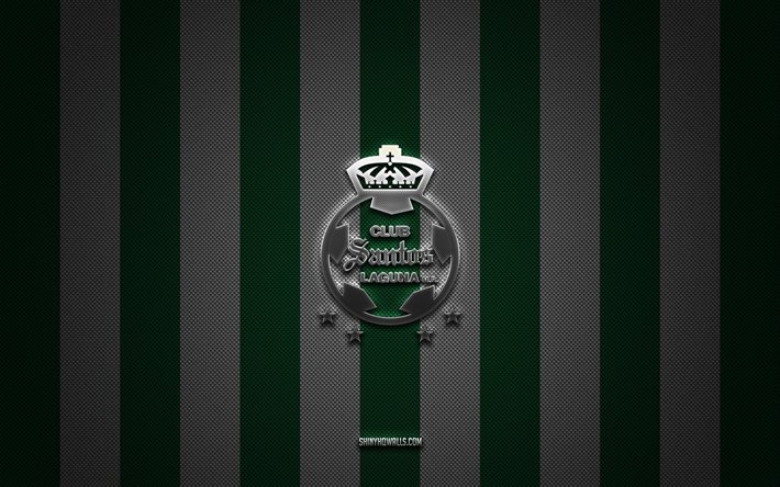 Santos Laguna logo, Mexican football club, Liga MX, green and white carbon background, Santos Laguna emblem, football, Santos Laguna, Mexico, Santos Laguna silver metal logo