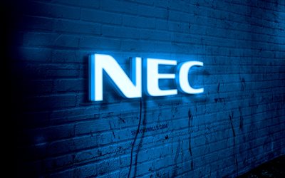 logotipo neon nec, 4k, azul brickwall, grunge art, creative, brands, logo on wire, nec blue logo, logotipo nec, obra de arte, nec