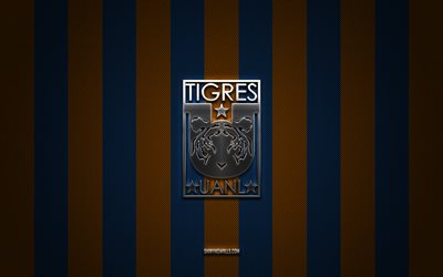 tigres uanl logo, نادي كرة القدم المكسيكي, ليغا mx, خلفية الكربون البرتقالي الأزرق, tigres uanl emblem, كرة القدم, tigres uanl, المكسيك, tigres uanl silver metal logo