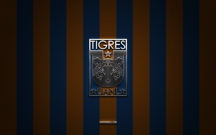 tigres uanl logosu, meksika futbol kulübü, liga mx, mavi turuncu karbon arka plan, tigres uanl amblemi, futbol, ​​tigres uanl, meksika, tigres uanl gümüş metal logosu