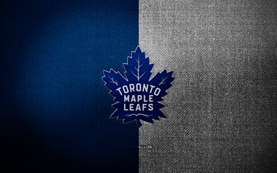 badge de toronto maple leafs, 4k, fond de tissu blanc bleu, lnh, logo de toronto maple leafs, toronto maple leafs emblem, hockey, logo sportif, drapeau de maple leafs de toronto, équipe de hockey canadienne, toronto maple leafs