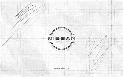 nissan sketch logo, 4k, fond de papier à carreaux, logo noir nissan, marques de voitures, croquis de logo, logo nissan, dessin au crayon, nissan