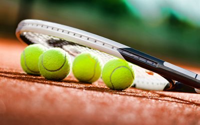 tênis, 4k, quadra de tênis de argila, raquete de tênis, bolas de tênis, conceitos de tênis, fundo de tênis