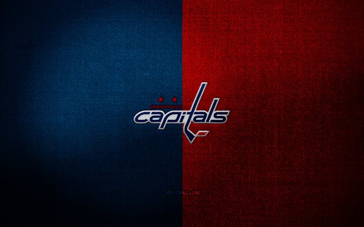 Washington Capitals badge, 4k, blue red fabric background, NHL, Washington Capitals logo, Washington Capitals emblem, hockey, sports logo, Washington Capitals flag, american hockey team, Washington Capitals