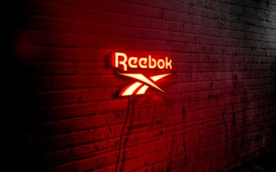 Reebok neon logo, 4k, red brickwall, grunge art, creative, fashion brands, logo on wire, Reebok red logo, Reebok logo, artwork, Reebok