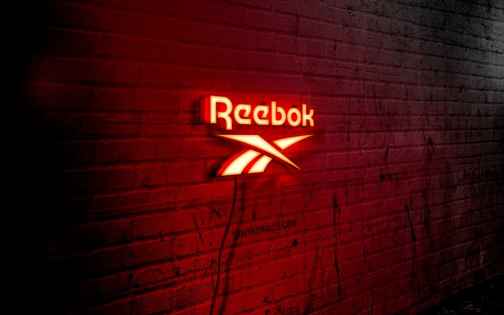 reebok neon logo, 4k, red brickwall, grunge art, creative, fashion brands, logo on wire, reebok red logo, reebok logo, artwork, reebok