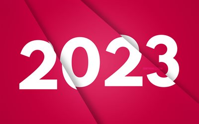 4k, 새해 복 많이 받으세요 2023, 분홍색 종이 슬라이스 배경, 2023 개념, 핑크 소재 디자인, 2023 새해 복 많이 받으세요, 3d 아트, 창의적인, 2023 핑크 배경, 2023 년, 2023 3d 자리