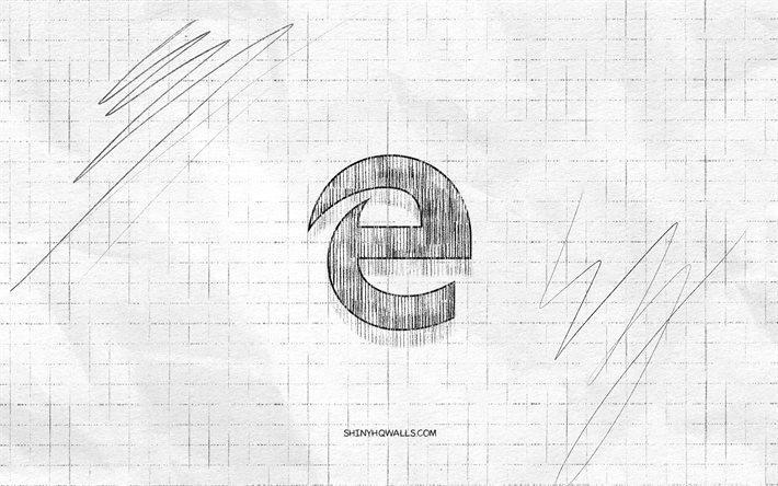 Microsoft Edge sketch logo, 4K, checkered paper background, Microsoft Edge black logo, internet browsers, logo sketches, Microsoft Edge logo, pencil drawing, Microsoft Edge