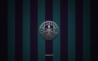 logo mazatlan fc, messican football club, liga mx, blue purple carbon background, mazatlan fc emblem, football, mazatlan fc, messico, mazatlan fc silver metal logo