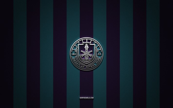 Mazatlan FC logo, Mexican football club, Liga MX, blue purple carbon background, Mazatlan FC emblem, football, Mazatlan FC, Mexico, Mazatlan FC silver metal logo