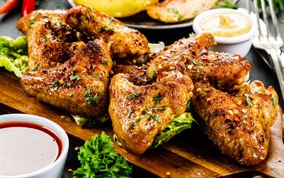 프라이드 치킨 날개, 4k, 튀긴 고기, 닭 튀김, 닭 요리, 튀긴 고기 요리, 닭 날개, 패스트 푸드