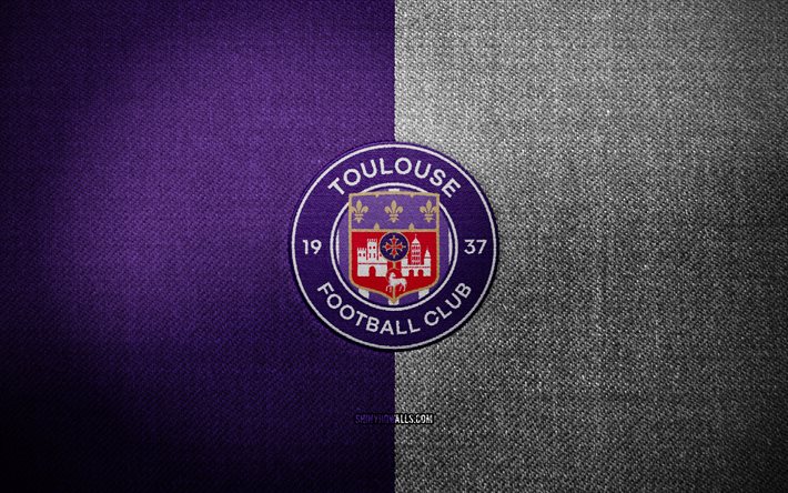 Toulouse FC badge, 4k, violet white fabric background, Ligue 1, Toulouse FC logo, Toulouse FC emblem, sports logo, french football club, FC Toulouse, soccer, football, Toulouse FC