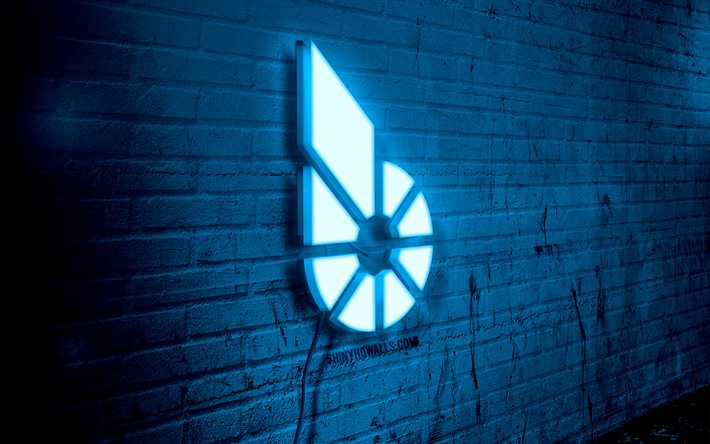 bitshares neon logo, 4k, blue brickwall, grunge art, creative, logotipo on wire, bitshares blue logo, logotipo de bitshares, criptomonedas, obras de arte, bitshares