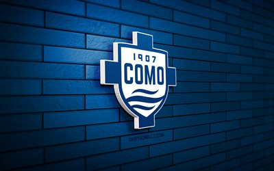 como 1907 3d -logo, 4k, blue brickwall, serie a, fußball, italiener fußballverein, como 1907 logo, como 1907 emblem, como 1907, fc como, sportlogo, como fc