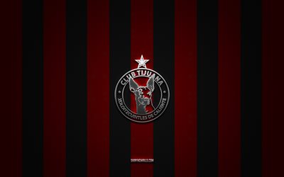 club tijuana logo, mexican football club, liga mx, red black carbon background, club tijuana emblem, football, club tijuana, mexique, club tijuana silver metal logo